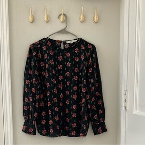 Loft Navy Floral Longe Sleeve Blouse With Metallic Detail, Sz LP